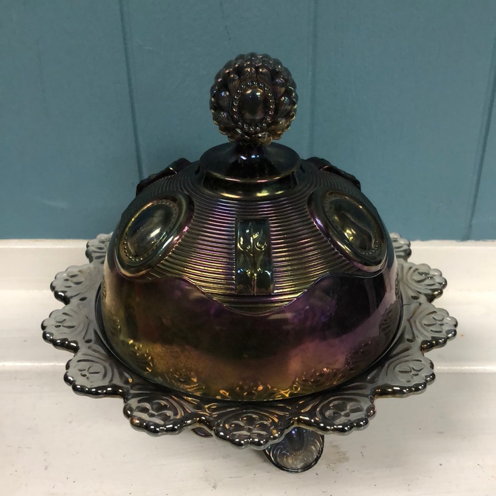 Imperial Glass Ohio Dewey purple Smoke‎ Carnival 7” Round Covered Butter Dish